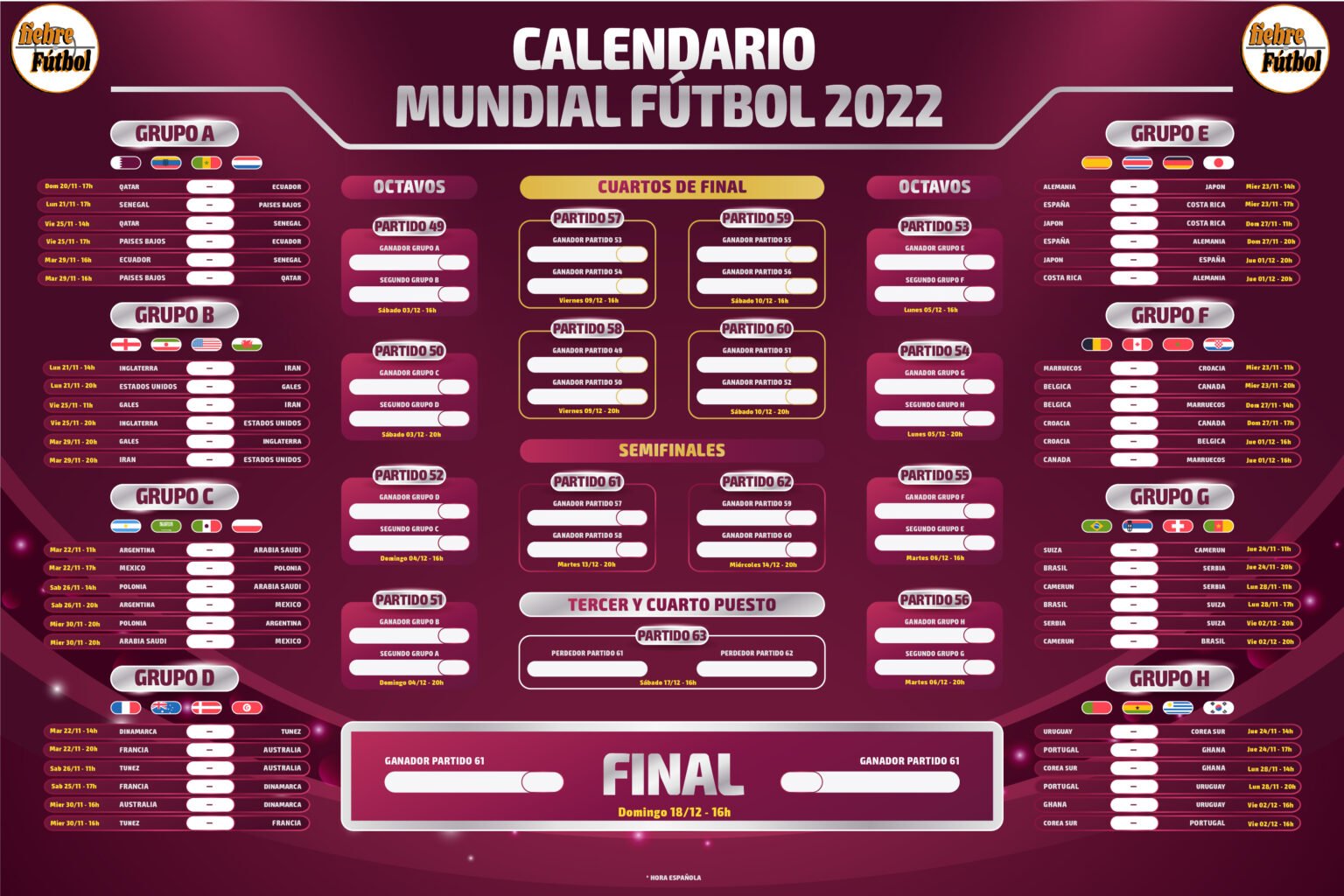 Calendario Mundial Fútbol Qatar 2022
